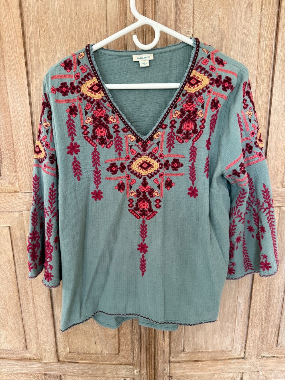 Sundance Women's L Embroidered Bell Sleeve V Neck Cotton Boho